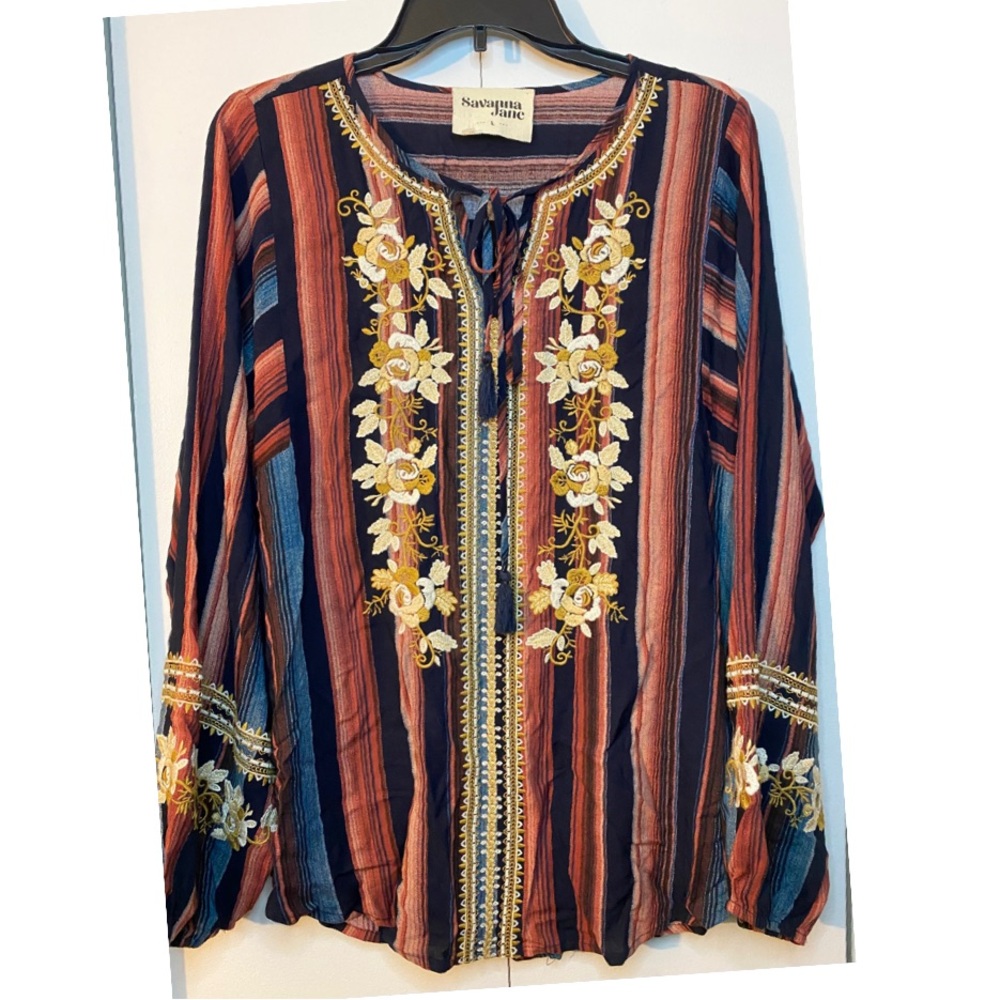 Savanna Jane Striped & Embroidered Top (Size L) Ptp 22”